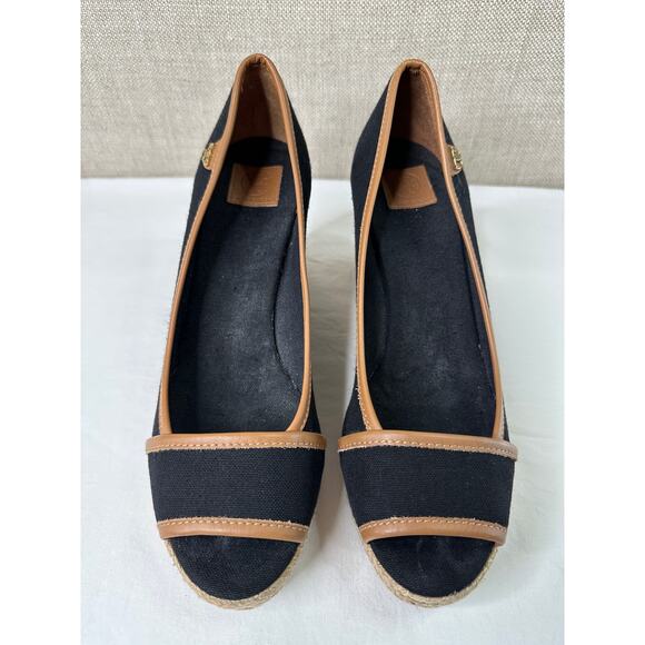 Tory Burch Majorca Wedge Sandal Peep Toe Black Canvas Espadrille Size 9 - Picture 5 of 13